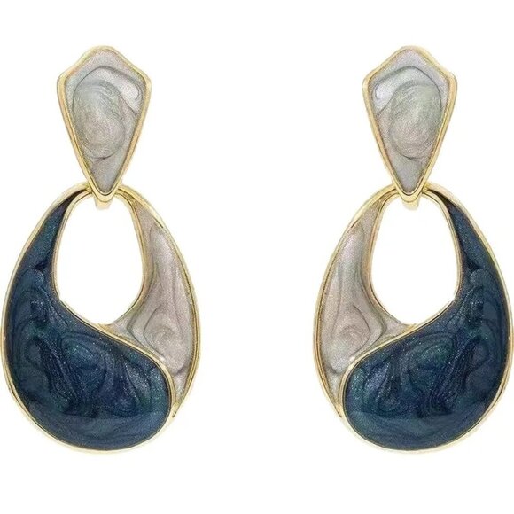 Cute Blue Geometric Drops Women Blue Enamel Water Drop Dangle Earrings 1.3" - Picture 1 of 3